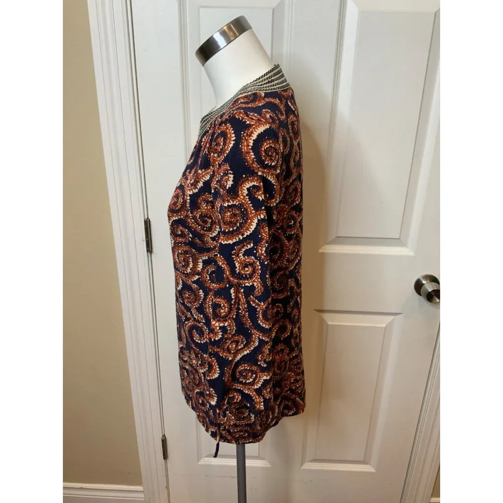 Tory Burch Blue Tunic Top W/ Brown Swirl Print, Size M